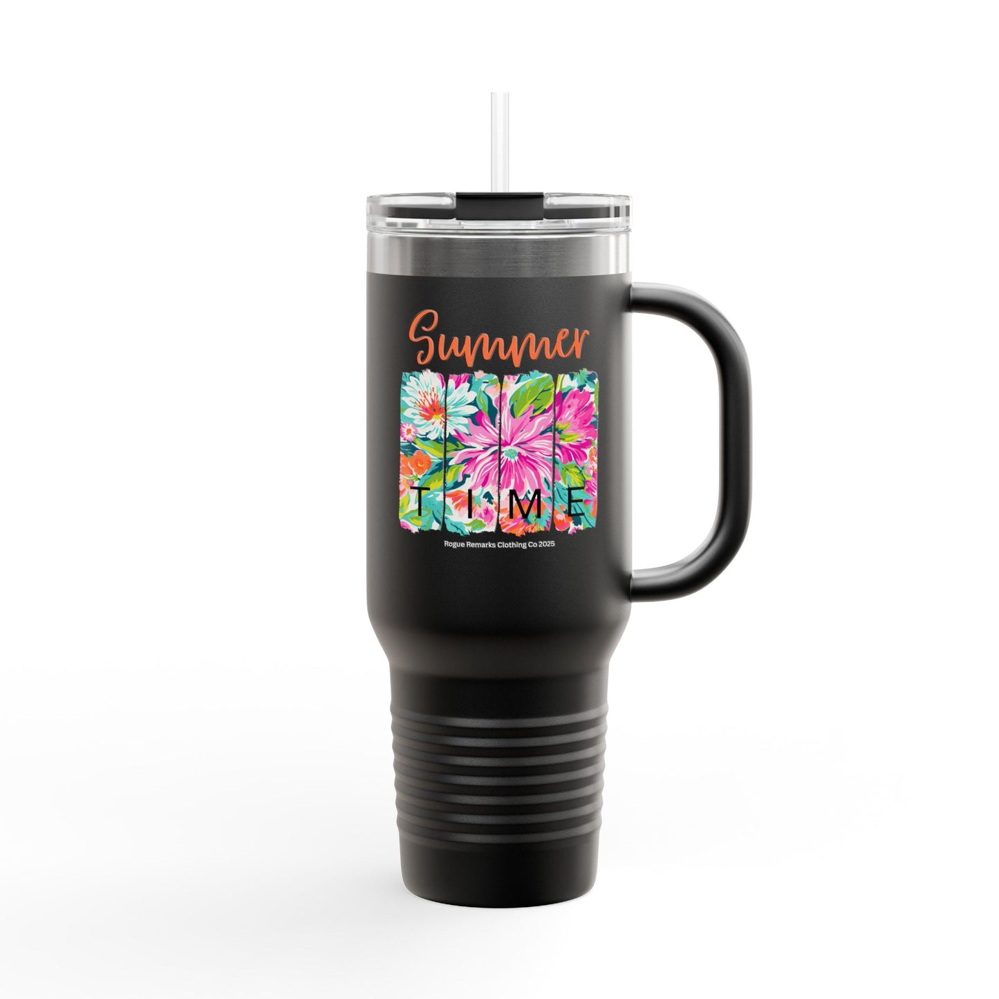 Summer Time Floral Insulated Travel Mug - 40oz Coffee Tumbler with Straw