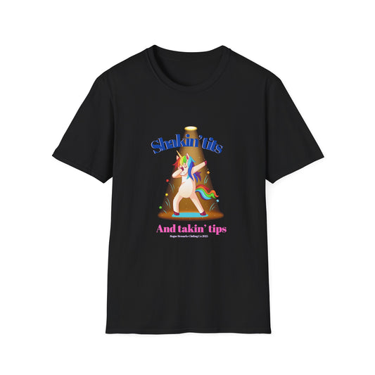 🎉 Shakin’ Tits & Takin’ Tips Unicorn Tee 🦄✨ Unisex Softstyle T-Shirt